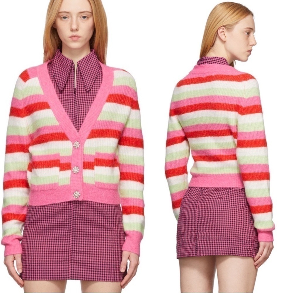 NWT GANNI Stripe Bejeweled Cardigan Pink Sweater XS